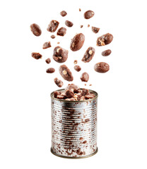 Candied nuts floating above an old, dented metal can