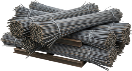 Stacked bundles of steel reinforcing bars also known as rebar tied with wire and resting on a wooden pallet and steel beams Steel construction materials reinforcement metal building