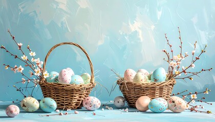 Two wicker baskets overflowing with colorful Easter eggs; floral branches on a light blue abstract backdrop