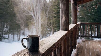A cup of coffee sitting on a wooden deck