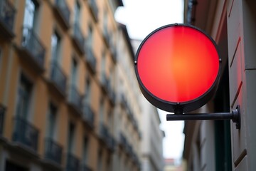 A red stop sign mounted on a building in an urban setting with blurred background