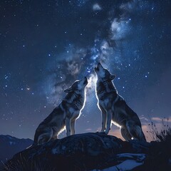 Two wolves howl under a bright milky way, sitting on a rocky outcrop in a mountainous landscape at night