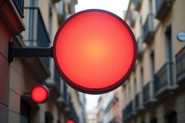 A close-up view of a red traffic light mounted on a building in an urban setting