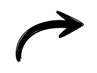 Black curved arrow pointing right isolated on transparent background. Black arrow pointing right