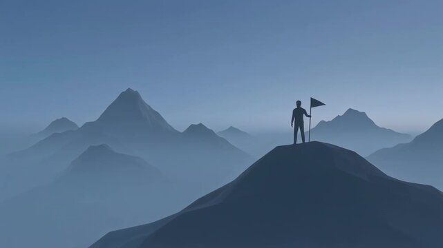 Silhouetted figure on mountain peak holding flag in serene landscape, symbolizing achievement and adventure