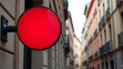 A red circular sign mounted on a beige building in a blurred urban setting with tall buildings and balconies