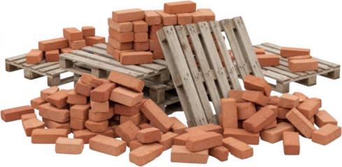 Pile of red clay bricks stacked on wooden shipping pallets representing construction materials and building supplies in a disorganized arrangement industry architecture masonry work