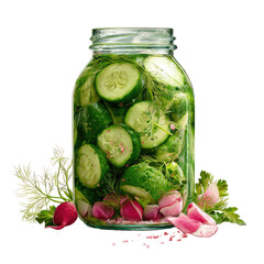 Pickles & radishes inside glass jar