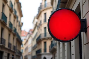 A red stop sign mounted on a building in a blurred urban street with beige buildings and balconies