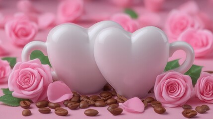 Fototapeta premium Two white heart shaped mugs nestle among pink roses and scattered coffee beans on a soft pink background, creating a sweet romantic scene ideal for love, cafes, or Valentine promotions.