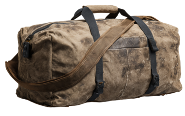 Travel duffel bag made from rugged fabric with strong shoulder strap for reliable journeys isolated on transparent background PNG
