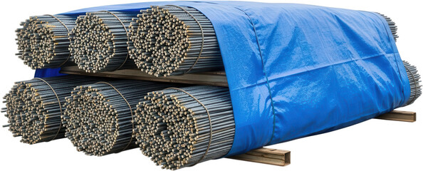 Steel reinforcing bars also known as rebar are bundled and covered with a bright blue tarp stacked on wooden supports ready for construction projects building material metal industry