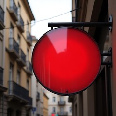 A red circular sign mounted on a black bracket outside a building in an urban setting