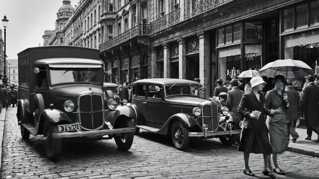 Black and white vintage street scene with people walking and riding bicycles on cobblestone road in old city with historic buildings and cars