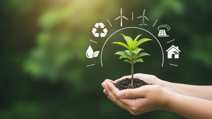 Hands holding a small plant with renewable energy icons, symbolizing sustainable future