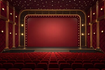 Red theater stage with empty seats symbolizing performance, anticipation and classic drama. Elegant scene ideal for theater posters, show promotion, event announcements and cinematic design concepts.