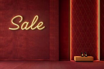 Luxury red interior with glowing sale sign symbolizing promotion, discounts and premium shopping. Elegant scene ideal for sale campaigns, fashion ads, retail marketing and seasonal promotions.