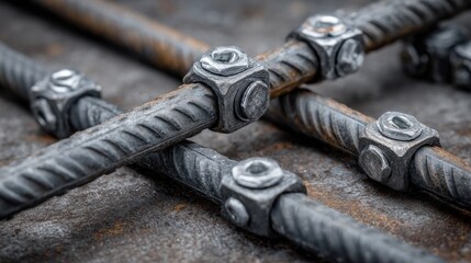Rebar Grid Metallic rebar crossing, secured with bolted connectors on a rough, textured surface