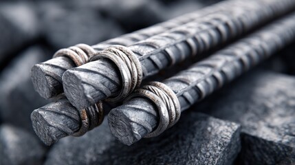 Steel rebar bundle tightly bound with wire, lying on stones, textured, industrial, close-up, gray scale