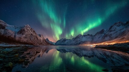 Majestic display of swirling green auroras illuminates a dark, starry sky above snow-capped mountains reflecting on tranquil water
