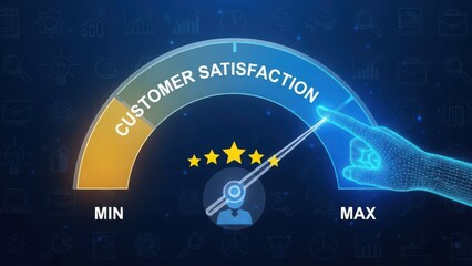 Customer satisfaction meter with a hand pointing to maximum, showing five stars and a gauge.