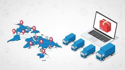 Global logistics and shipping concept with world map, trucks, and laptop displaying a package.
