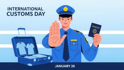 Customs officer in uniform holds passport, stops traveler with luggage for International Customs Day.