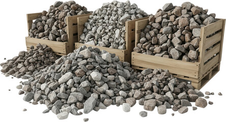 Three wooden crates filled with gravel and loose piles of stone showcasing variety in size and color of aggregate materials rock construction landscaping building material material supply