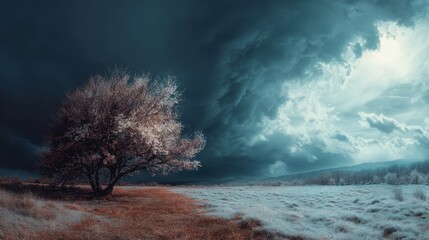 A lone tree in a field under a stormy sky
