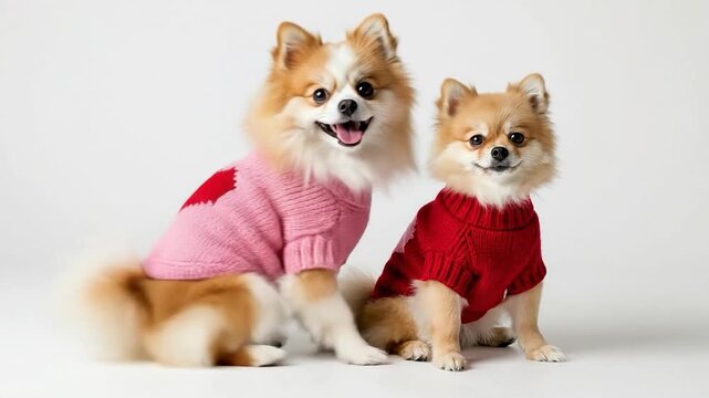 Adorable Pomeranian Dogs in Heart-Patterned Sweaters for Valentine&rsquo;s Day Celebrations