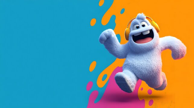 Joyful furry character wearing headphones. running happily against a vibrant. abstract color splas