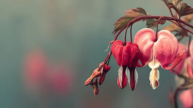 Delicate bleeding heart flowers with dew drops on a vine. stylized artistic illustration. soft gre