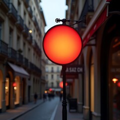 A red street lamp stands out in a quiet urban alleyway at dusk