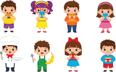 Cute kids eating healthy and junk food illustration, children nutrition habits, happy cartoon characters, education concept, colorful flat vector design