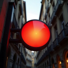 A red traffic light glowing brightly in a narrow urban alleyway between tall buildings