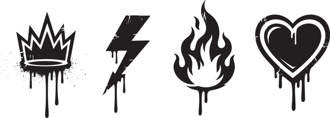 black graffiti style icons of crown lightning flame and heart