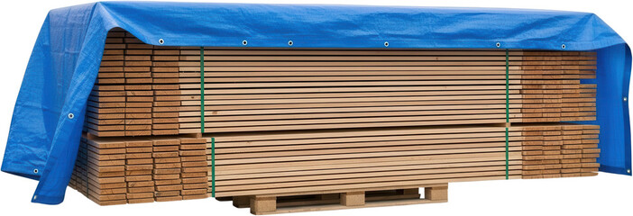 Stacked lumber boards covered by a blue tarp secured with green straps resting on a wooden pallet ready for storage or transport Lumber wood industry supply material timber planks construction
