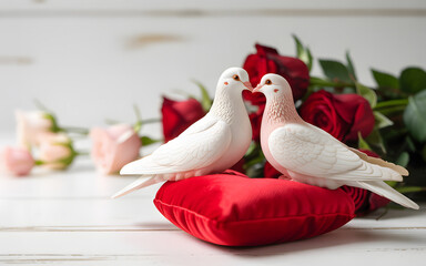 White Doves Sitting on Red Gift Box Symbol of Love