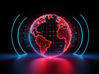 Glowing Red Digital Earth with Blue Orbiting Rings and Data Streams globe technology