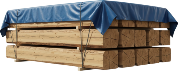 Stacked timber beams with rough natural edges covered by a blue protective tarp and secured with straps showcasing wood grain detail lumber construction material storage raw building