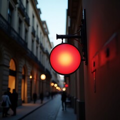 A red circular sign mounted on a building in a city street at dusk with people walking in the background