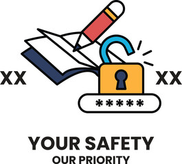 A black and white image of a lock with a pencil and a book on top of it