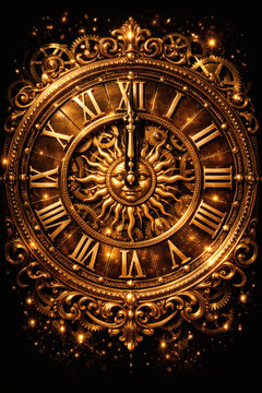 Golden clock with a sun face in the center, showcasing intricate gears and hands pointing to twelve against a dark background.