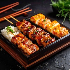 Bento box with grilled skewers, rice, and tofu. Dark background, detail