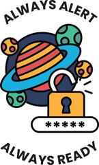 A black and white image of a lock with a key and a planet in the background