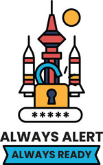 A castle with a key on it and the words Always Alert Always Ready