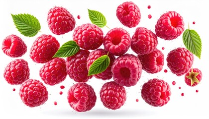 Floating close-up of vibrant red fruit with green leaves, on white