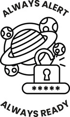 A black and white image of a lock with a key and a planet in the background