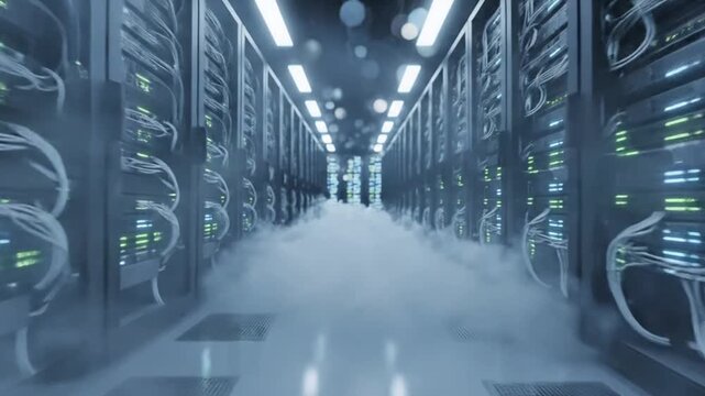 Inside a Futuristic Data Center with Fog, Rows of Server Racks and Powerful Computers, Network