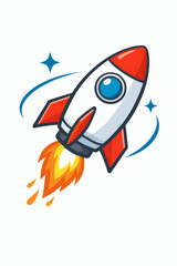 A cartoon rocketship launches with red and white accents, fire erupting below, and stars and curved lines adding a sense of adventure to the cosmos.